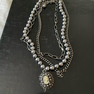 Vintage Multiple Layers of Faux Pearls Chains, and Cameo Pendant Women chain